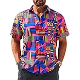 Runcati Mens Short Sleeve Shirts Button Down African Traditional Pattern Dashiki Shirt Casual Vintage Floral Hippie Tops