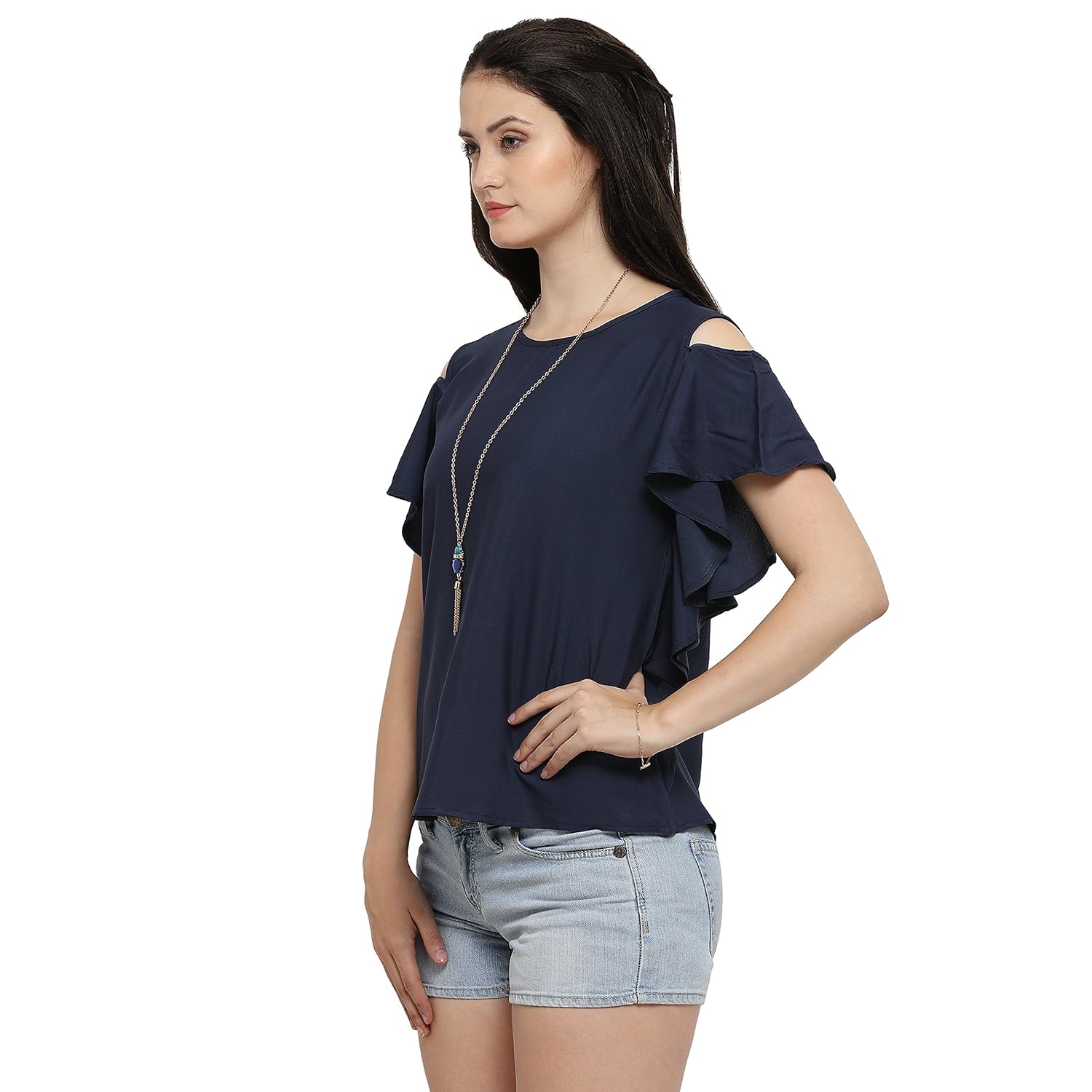 serein women's top (navy crepe top with cold shoulder and ruffles)
