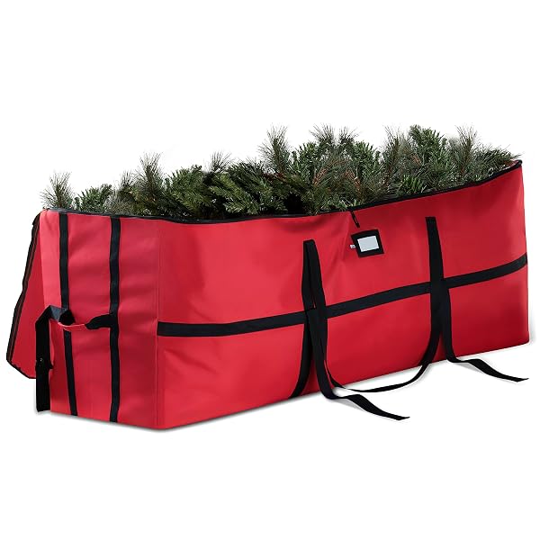 ZOBER WIDE CHRISTMAS TREE STORAGE BAG – MAXIMUM ACCESSIBILITY – FITS 7.5 FT TREES – 600D OXFORD FABRIC CHRISTMAS TREE BAG FOR STORAGE BOX FOR XMAS – STRONG, DURABLE STRAPS & HANDLES – CARD SLOT – RED