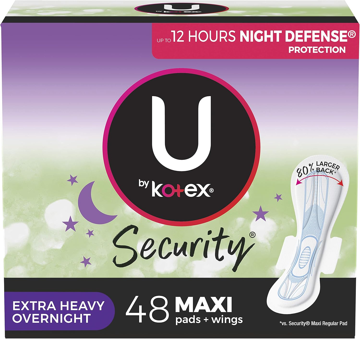 U by Kotex Security Maxi Feminine Pads with Wings, Extra Heavy Overnight Absorbency, Unscented, 48 Count (2 Packs of 24) (Packaging May Vary): Health & Personal Care