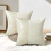QoBexim Set of 2 Faux Leather Patchwork Linen Plaid Pillow Cover 18x18 Inch, Beige Decorative Throw Pillow Covers Modern Farmhouse Boho Accent Cushion Cover for Couch Sofa Bed Living Room