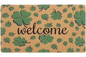 XuoAz St. Patrick's-Day-Clovers-Welcome-Mats Outdoor-Entrance Green-Shamrock-Outdoor-Doormat Non Slip Coir Front Door Mat for Irish Home Decor 17" x 29"