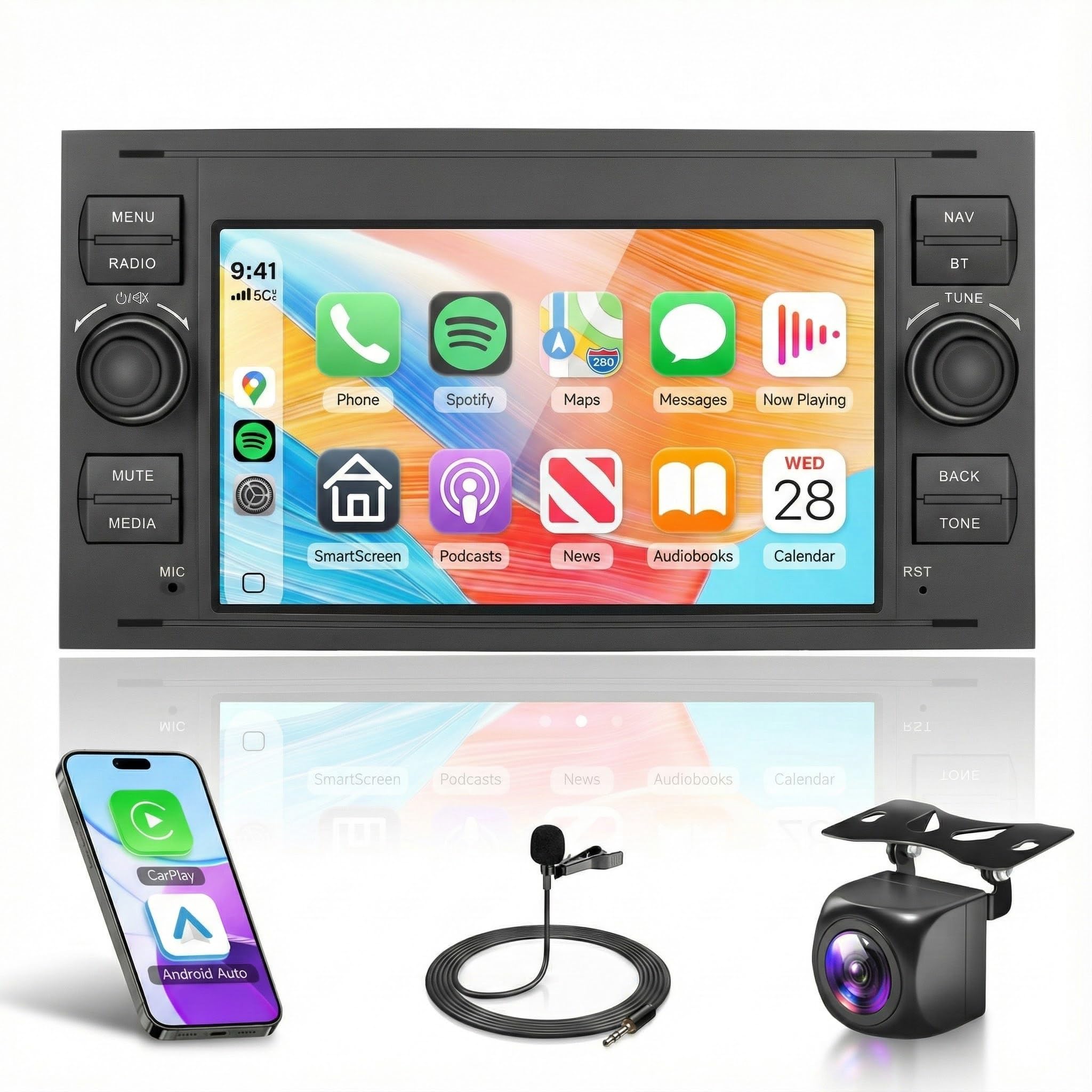2G 64G Android Car Stereo for Ford Fusion/C-Max/Galaxy/Transit Connect/Kuga/Fiesta/S-Max/Focus/Mondeo/Transit with Carplay Android Auto, 7 Inch Touchscreen Radio with GPS FM RDS WiFi Backup Camera