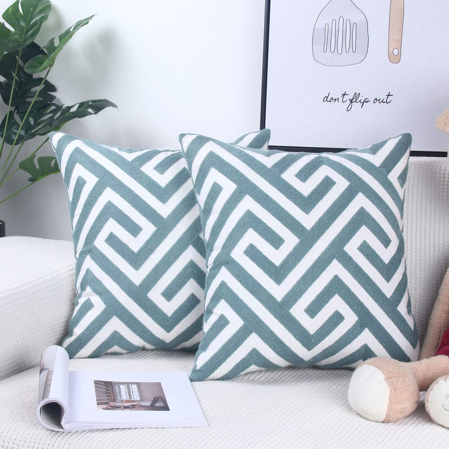 Zeroomade Embroidery Decorative Throw Pillow Covers 18×18 Square Solid Durable Cotton Cushion Pillow Covers Teal Maze Pack of 2