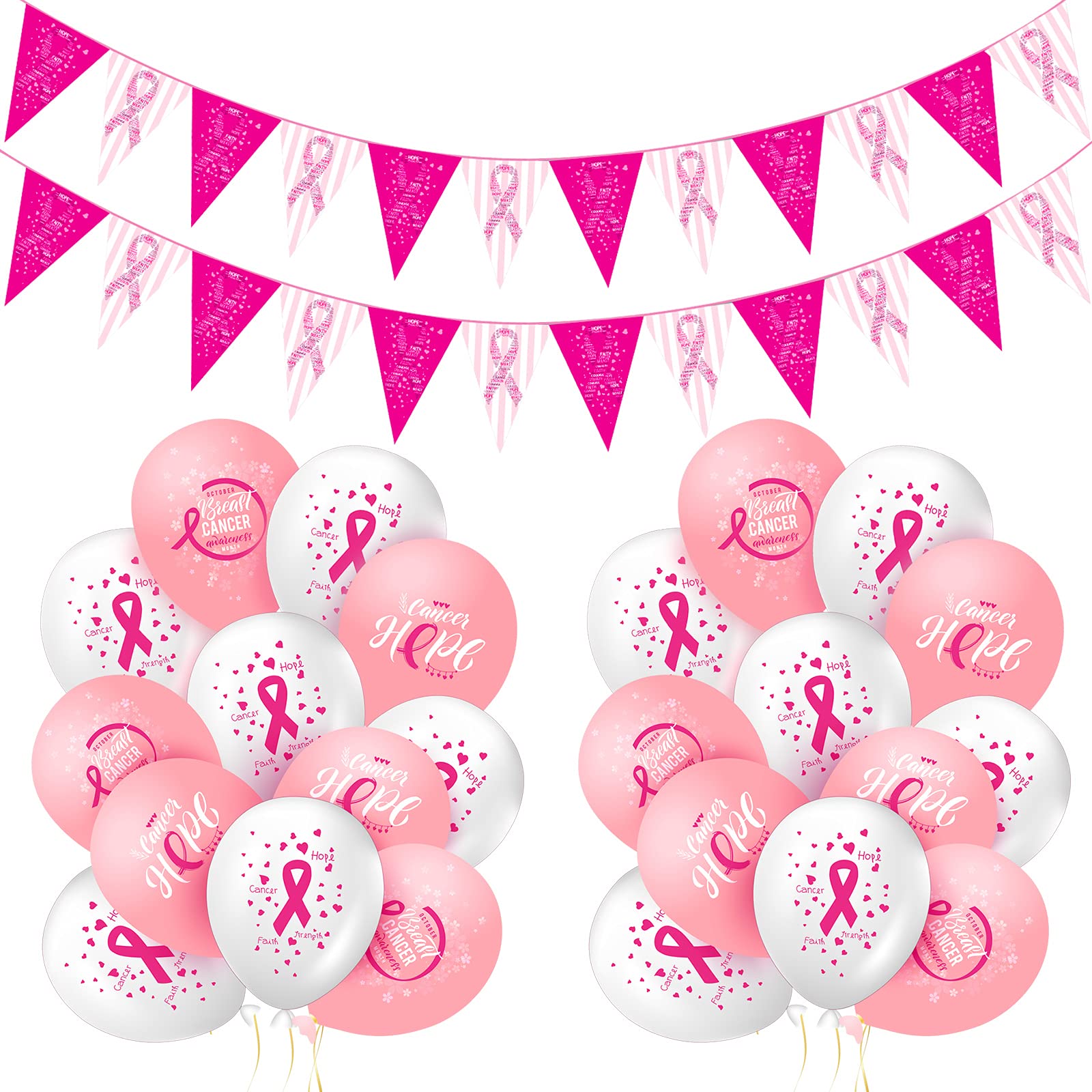 36 Pieces Breast Cancer Awareness Balloons Pink Ribbon Balloons and 2 Pieces Breast Cancer Awareness Banner Pink Ribbon Pennant Banner Hope Faith Strength Courage Party Wall Decor