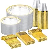 QualQuot 600PCS Clear Plastic Plates Sets with Gold Rim, Gold Dinnerware Set for 100 Guests,100 Disposable Dinner and Dessert Plates, 300 Silverwares and 100 Cups for Party and Wedding