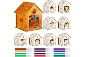 Soaoo 9 Sets Thanksgiving Wooden House with 12 Pcs Watercolor Pens Fall Wooden Houses for Crafts Kids' Wood Craft Kits for Thanksgiving Party Supplies DIY Paint Art