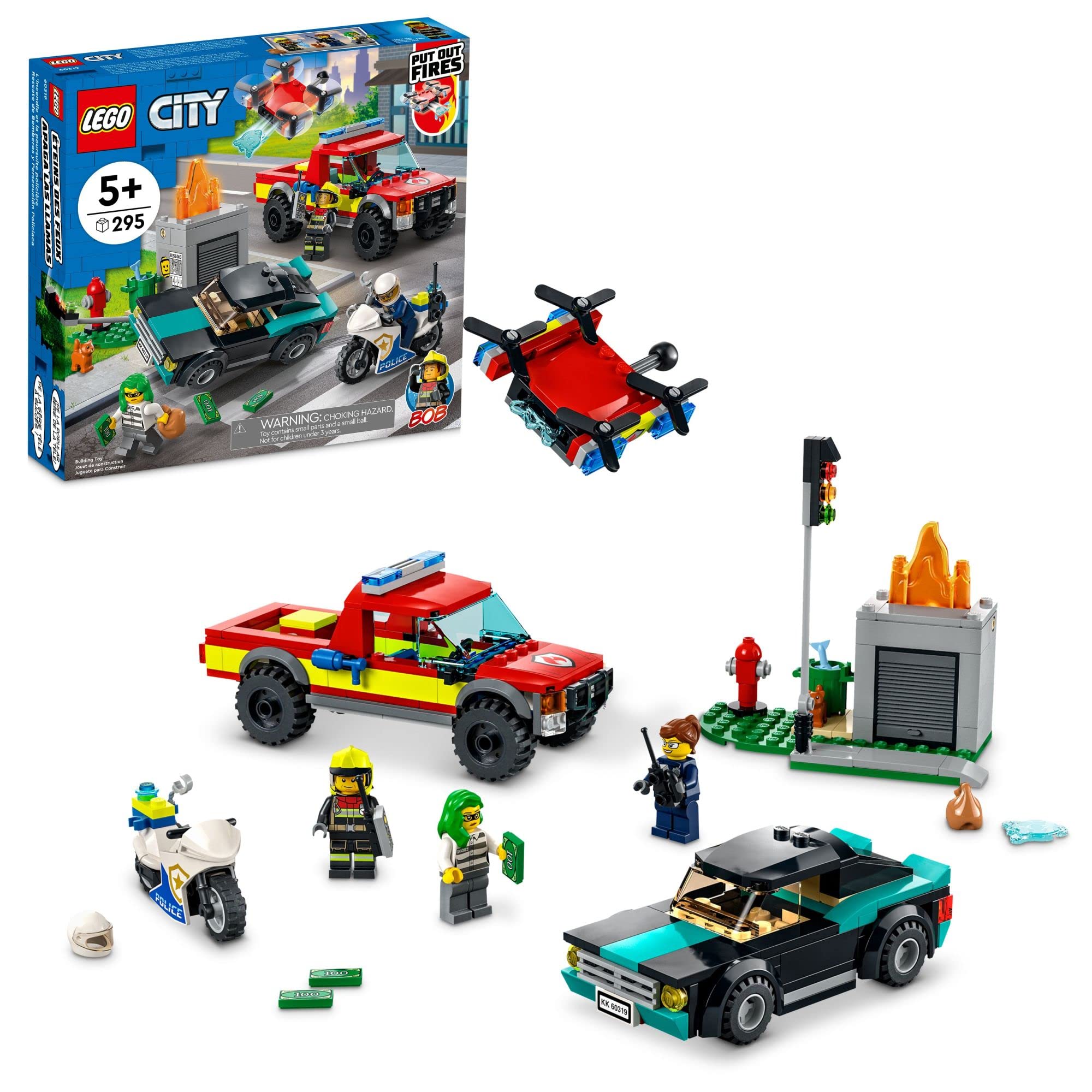 LEGO City Fire Rescue & Police Chase 60319 Building Kit for Ages 5+; with a Fire Pickup with Drone, Police Motorbike, Crook’s Vehicle, Toy Traffic Light and Flames, Plus 3 Minifigures (295 Pieces)