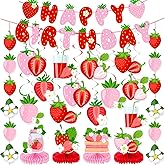 45Pcs Strawberry Birthday Decorations, Berry First Birthday Decor Includes Red Pink Berry Banner Hanging Swirls Honeycomb Centerpieces for Girls Baby Shower Strawberry Theme Party Supplies