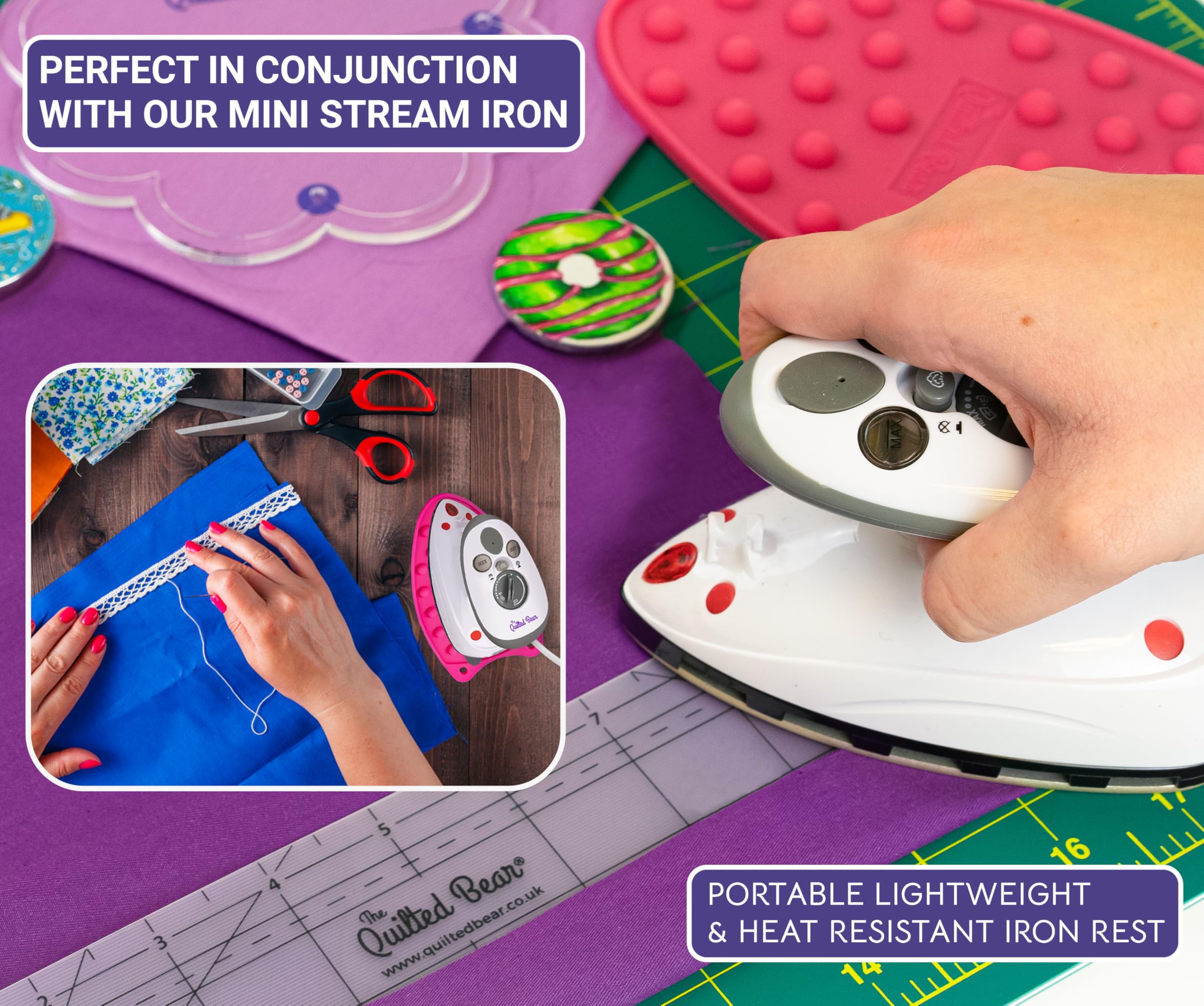 The Quilted Bear Mini Iron Rest - Silicone Heat Resistant Mat for Stress-Free Crafting, Sewing & Quilting Supplies - Durable and Protective Surface for Mini Iron (Purple)