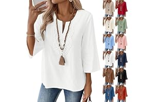 Embroidered Boho Tops for Women Trendy 3/4 Length Sleeve Cotton Linen Shirts Plus Size Summer Dressy Casual Blouses