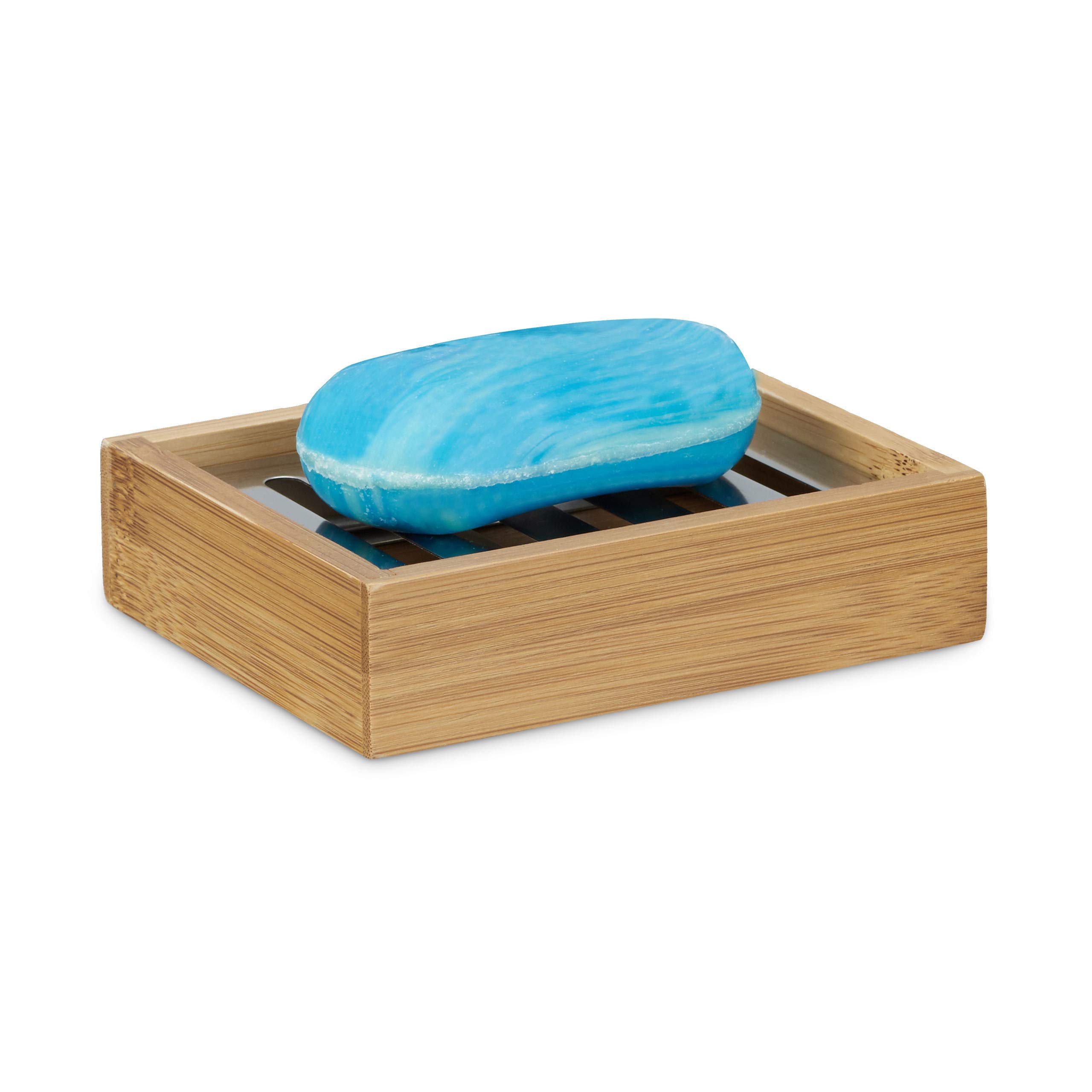 Relaxdays Bamboo Rectangular Soap Dish, Stainless Steel Drip Tray, Hygienic, Size: 3 x 12.5 x 10 cm, Natural