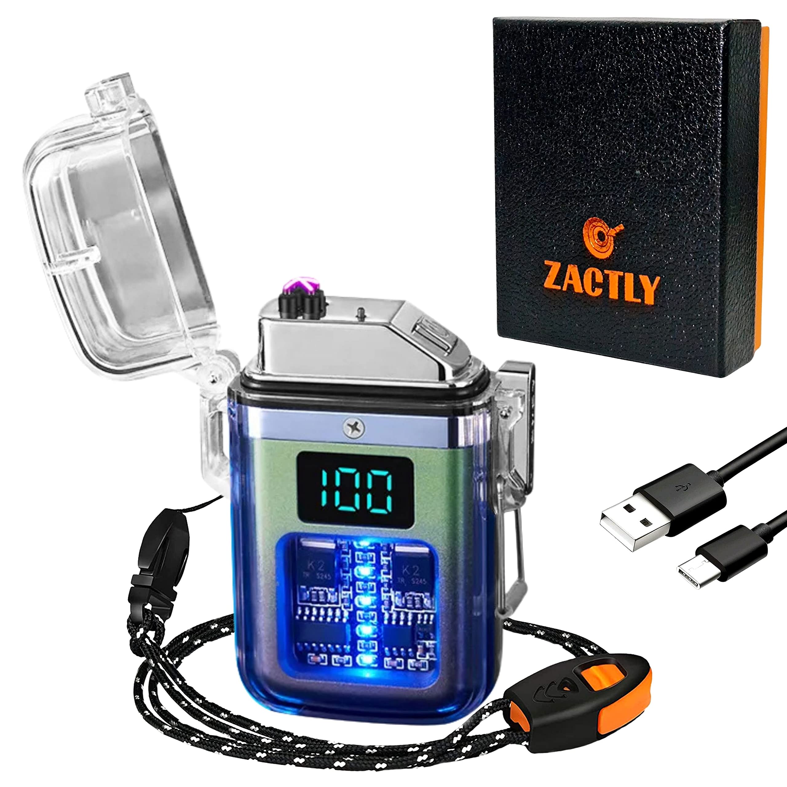 Zactly AL12 Transparent Electric USB C Rechargeable Plasma Candle Lighter LED Digital Display Dual Arc Waterproof Windproof, Whistle, Lanyard, Camping Outdoor Survival Tool (GREEN BALCK GRADIENT)
