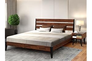 A ACACIA FURNITURE Acacia Emery Wooden Platform Bed Frame with Nightstand Set, Solid Wood Bed Frame Headboard + Bedroom Side Table Ready Assemble, King, Americano