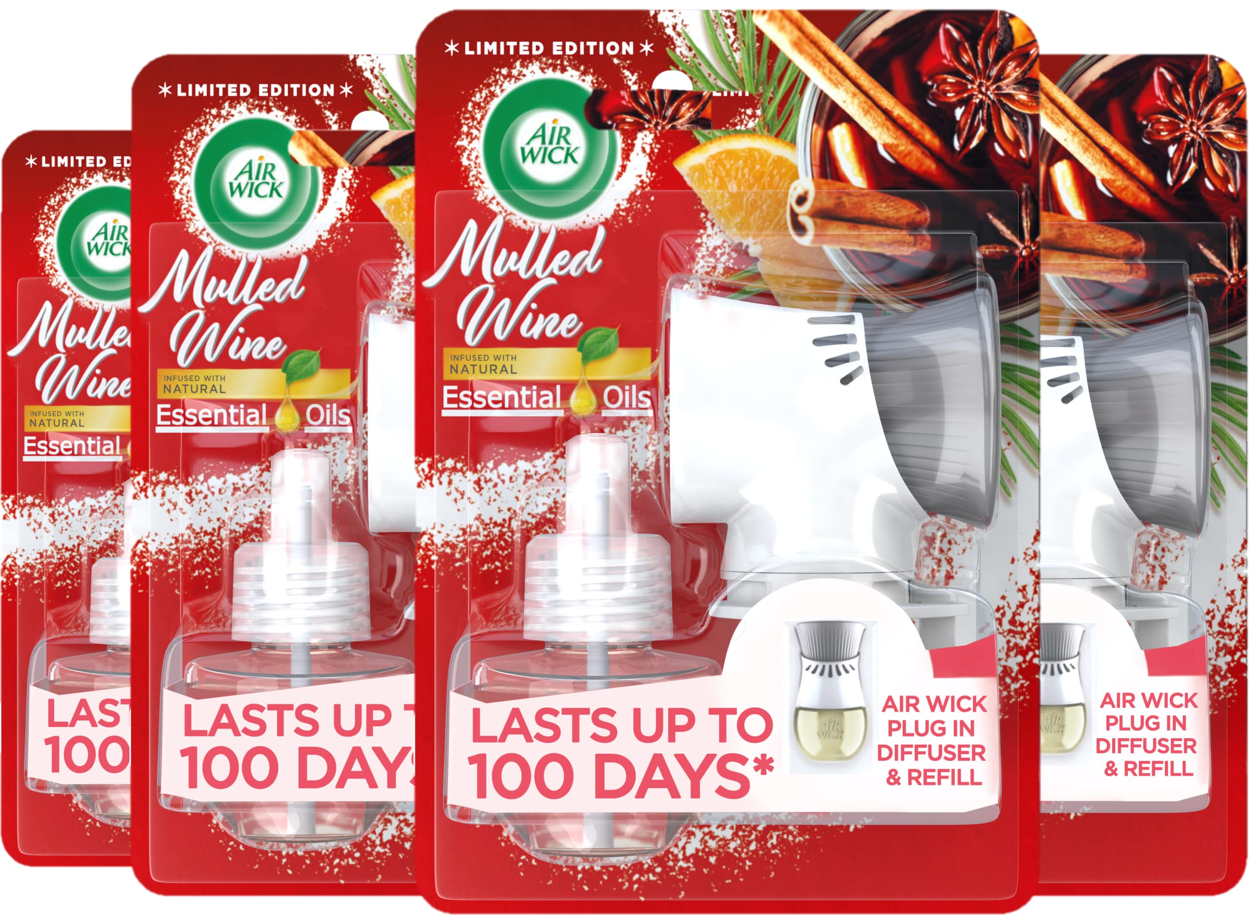 Air Wick Plug in Diffuser Kit, Mulled Wine, Pack 4 x Kits, 1 Device & 1 Refill, Long Lasting Fragrance, Lasts up to 400 days, Plug in Air freshener