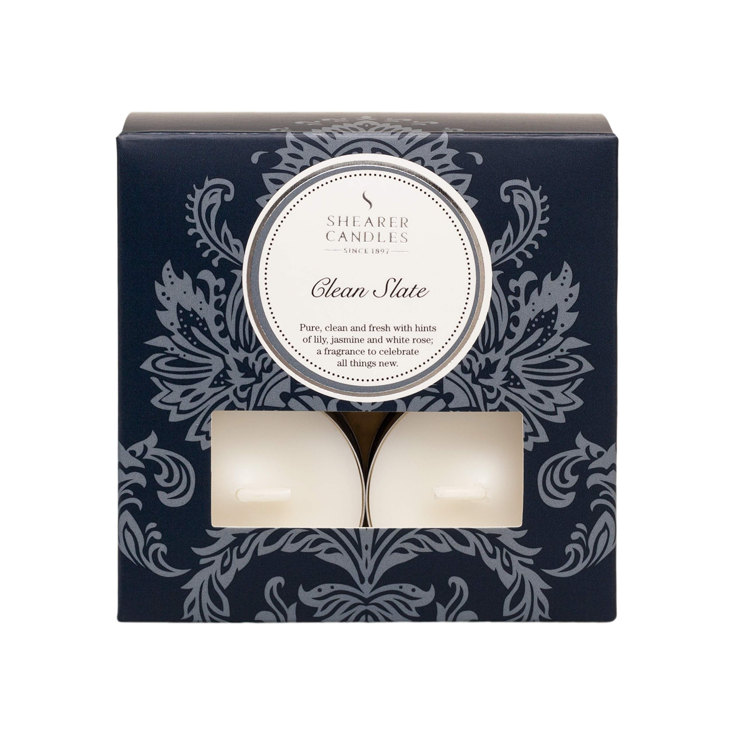 Shearer Candles Clean Slate, Scented, Tealight Candles, Cotton Wick, Fragrance & Essential Oils, Grey, White Silver, Pack of 8