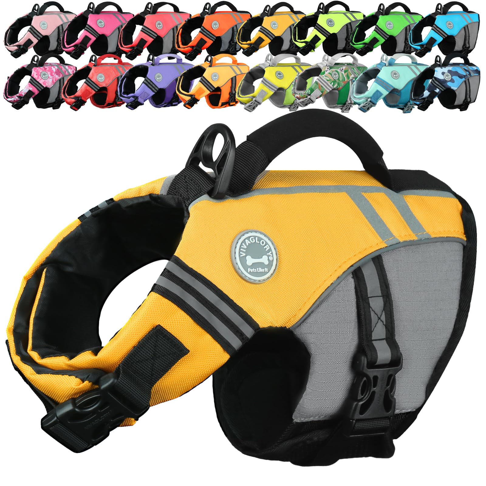 VIVAGLORY Sports Style Dog Life Jacket, Dog Buoyancy Jacket for Swimming & Boating, Ripstop & Buoyancy for Doggy, Life Vest with Handle, XS, Yellow