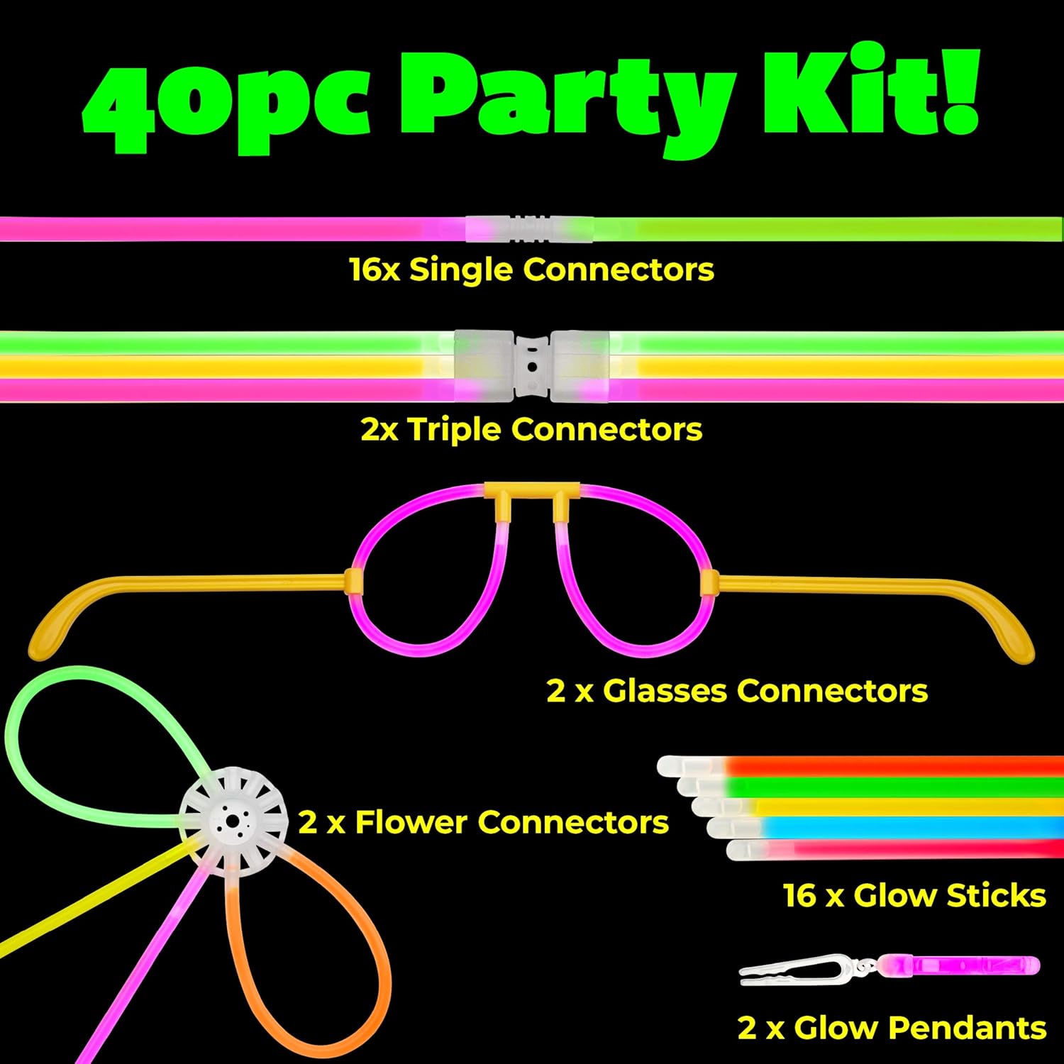 PartySticks Moondance Glow Sticks and Connectors - 40pk Party Decorations Glow in The Dark Party Favors with 16 Glow Sticks, 24 Connectors for Light Up Glasses, Glow Necklaces, Glow Bracelets: Toys & Games