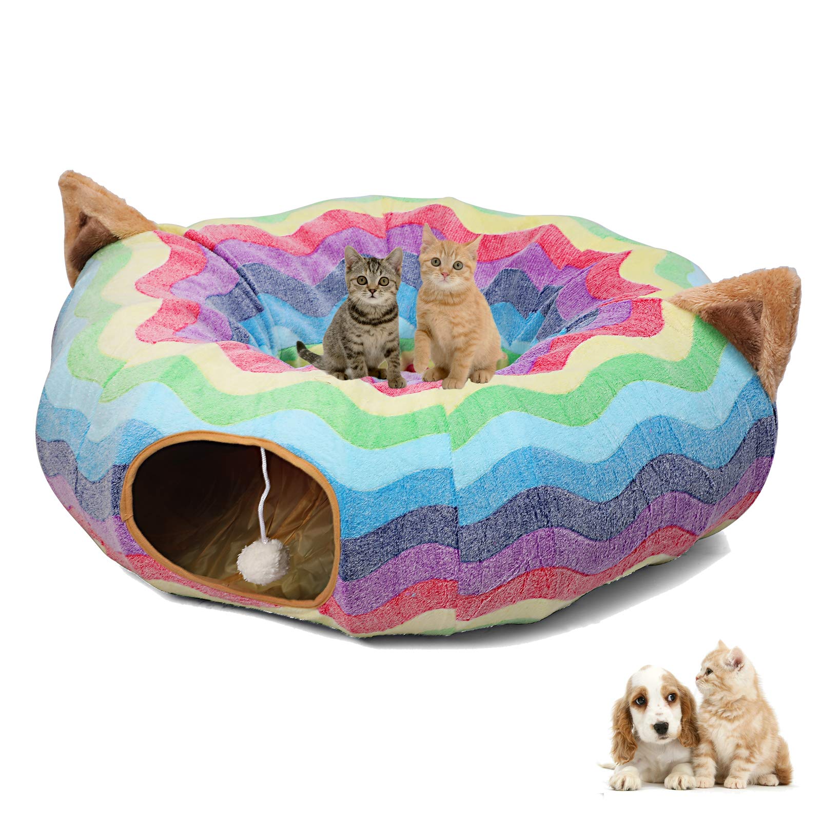 LUCKITTYLarge Cat Tunnel Bed with Plush Cover,Fluffy Toy Balls, Small Cushion and Flexible Design- 10 inch Diameter, 3 ft Length- Great for Cats, and Small Dogs, Rainbow Wave Color