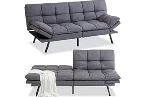 Opoiar Convertible Memory Foam Couch Bed, Modern Sleeper Sofa with Adjustable Armrests&Backrests, Christmas Futon Sets for Compact Living Spaces Office Sofabed, Grey-01