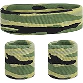 MECCANIXITY Sweat Band Set Sports Terry Cloth Headband Wristband Set Moisture Wicking Sweat Absorbing Head Band for Women Men Workout Exercise (Striped Camouflage)