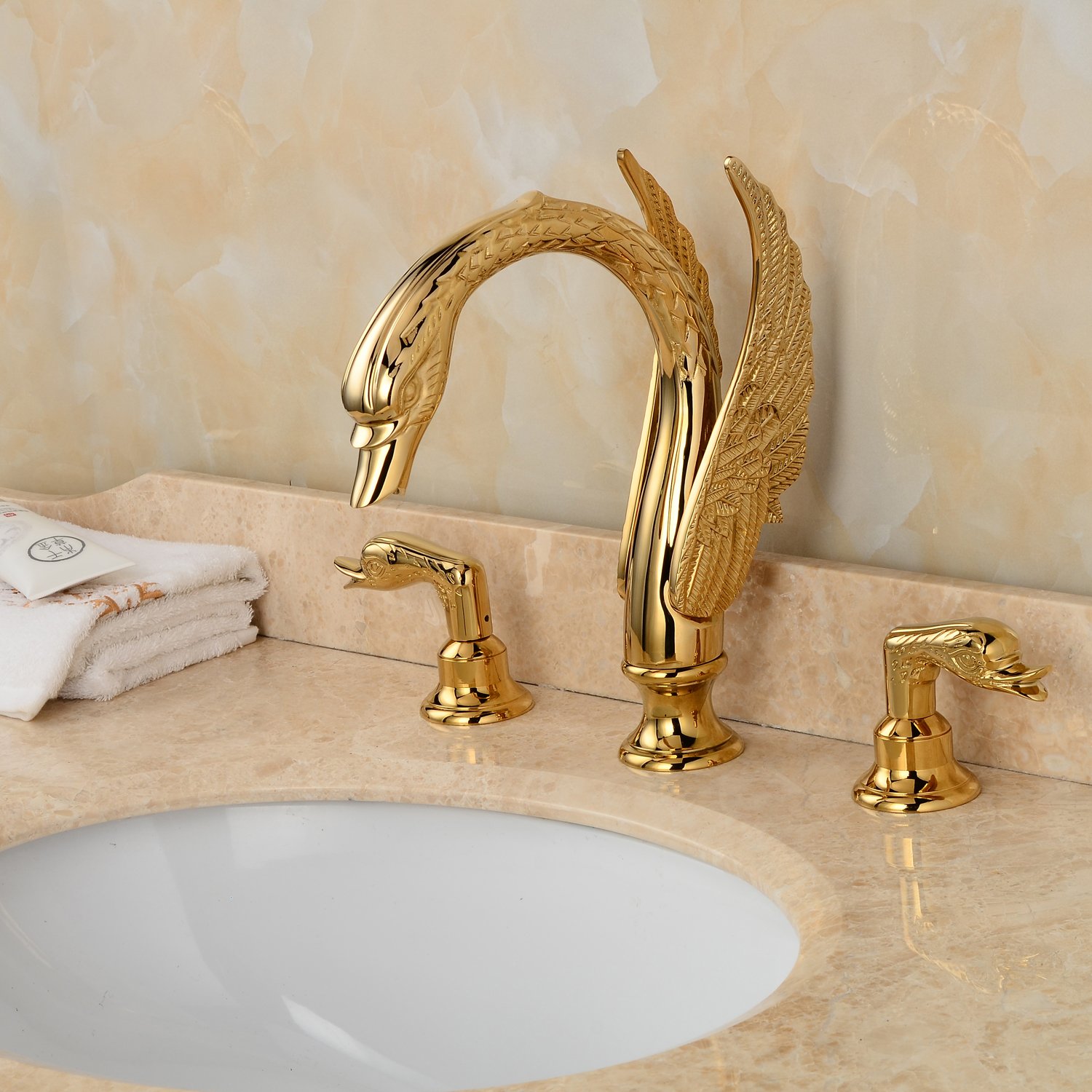 Golden Ornate Swan Style Bathroom Sink Faucet Combo Deck Mount Sink