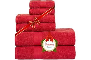 Ample Decor 100% Cotton 6 Piece Bathroom Towels Set, 2 Bath Towels, 2 Hand Towels, 2 Washcloths, Quick Drying - Christmas Red Towel Sets