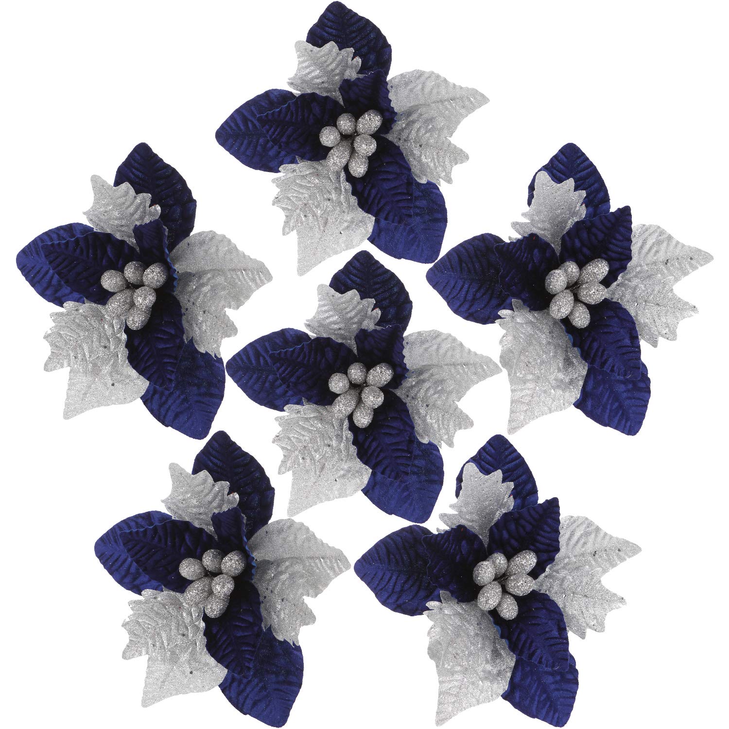 Sea Team 6-Pack Artificial Glitter Poinsettia Christmas Flower Ornaments Tree Decorations, 10-inch, Blue & Silver