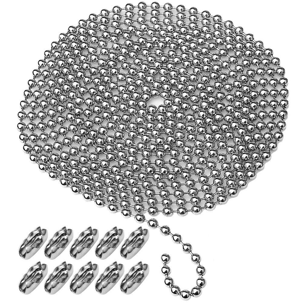 kuou 4.5mm Metal Beaded Roller Blind Chain Extension Cord, 9.8 Feet/3 Meter Beaded Pull Chain with 10 Matching Connectors
