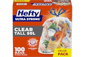 Hefty™ Ultra Strong 100ct Clear Garbage Bags Tall 50 L, Drawstring, Arm and Hammer odour neutralizer, MEGA Recycling/Waste/Ki