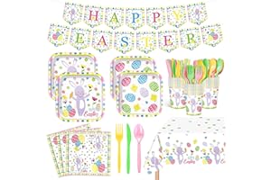 XIENBLOC 171pcs Easter Party Supplies Paper Plates Napkins Disposable Easter Tableware Set with Bunny Colorful Eggs Plates Napkins Banner and Tablecloths for Easter Spring Holiday Party Decorations Serves 24