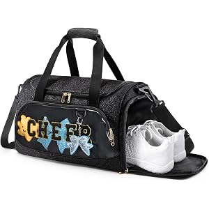 Glitter Cheer Duffle Bag, Cheerleading Bag with Shoe Compartment, Black | Chenille Letter Patch, Clear Display Window, Detach