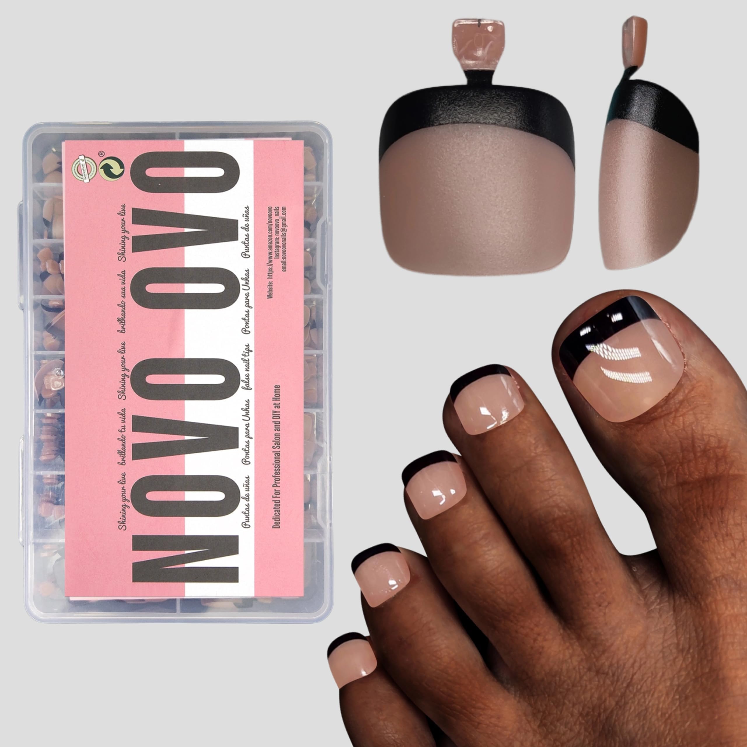 NOVO OVO Halloween Black French Tip Toe Nail Tips Press on, Soft Gel Toenail Extension, BROWN PINK Square Round Pre-applied Tip Primer & Base Coat, Full Cover Matte Nails for DIY x 15 Sizes 360Pcs — image 1