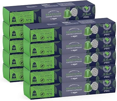Café Brasileño Compatible con Nespresso, 100% Arábica, Tueste Medio, 100 Cápsulas de Aluminio (10 paquetes de 10), Con Certificación Rainforest Alliance