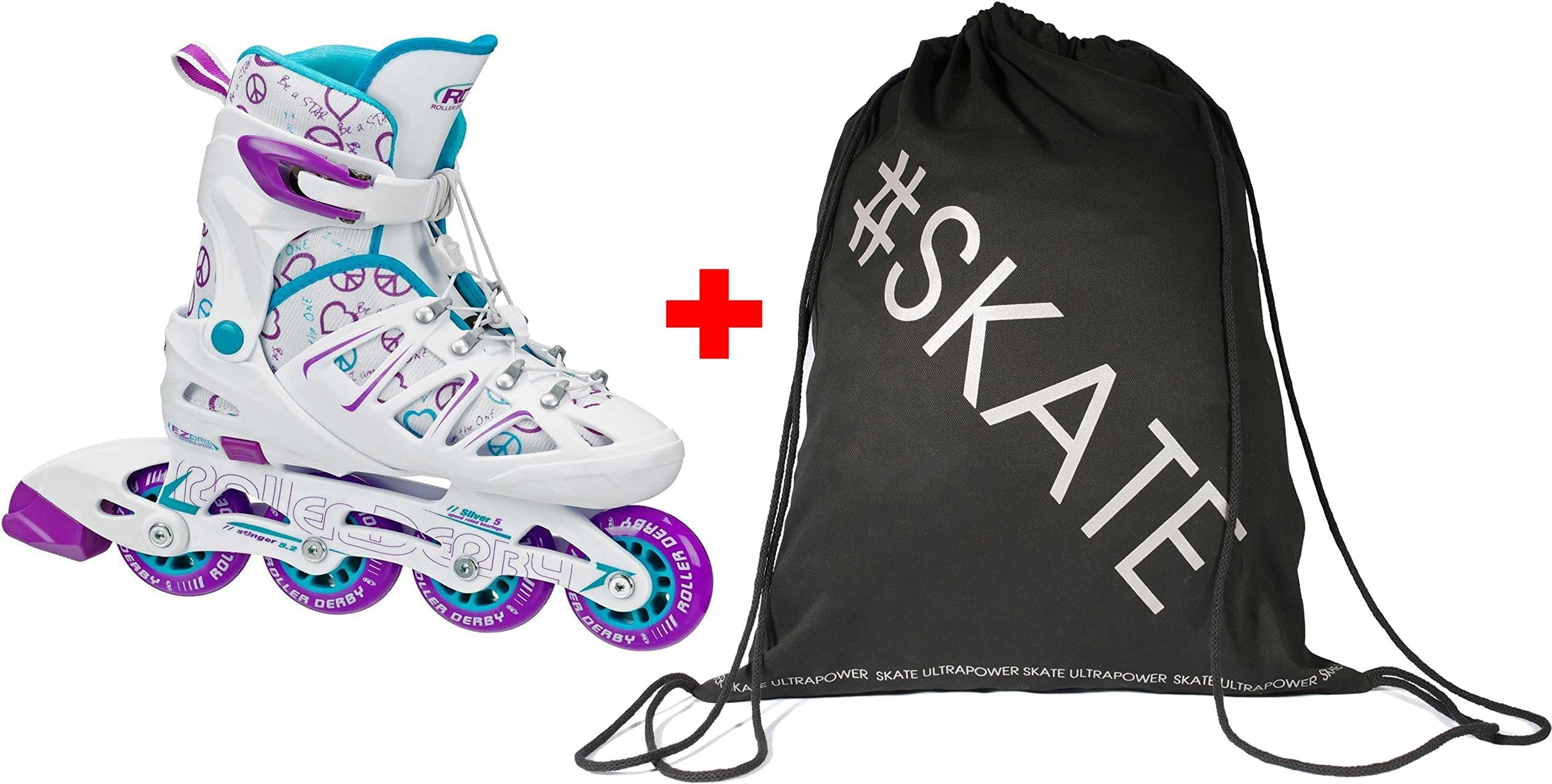 SET - SMJ® STINGER I-141G / I-138G Inline Skates + ULTRAPOWER® Drawstring Backpack | Size Adjustable 30-33 / 34-38 | Kids | Girls | ABEC5