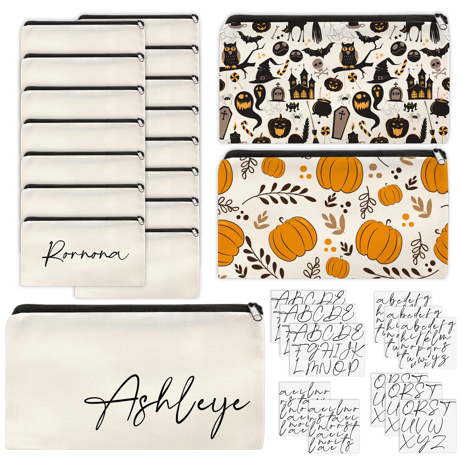 Photo 1 of Shinylin 26 Pcs Sublimation Makeup Bags Blanks Set 15 Pcs Canvas Sublimation Cosmetic Bags Blanks Pencil Pouch 11 Sheets Iron on Letters DIY Custom Heat Transfer Vinyl Stickers Zipper Pouch