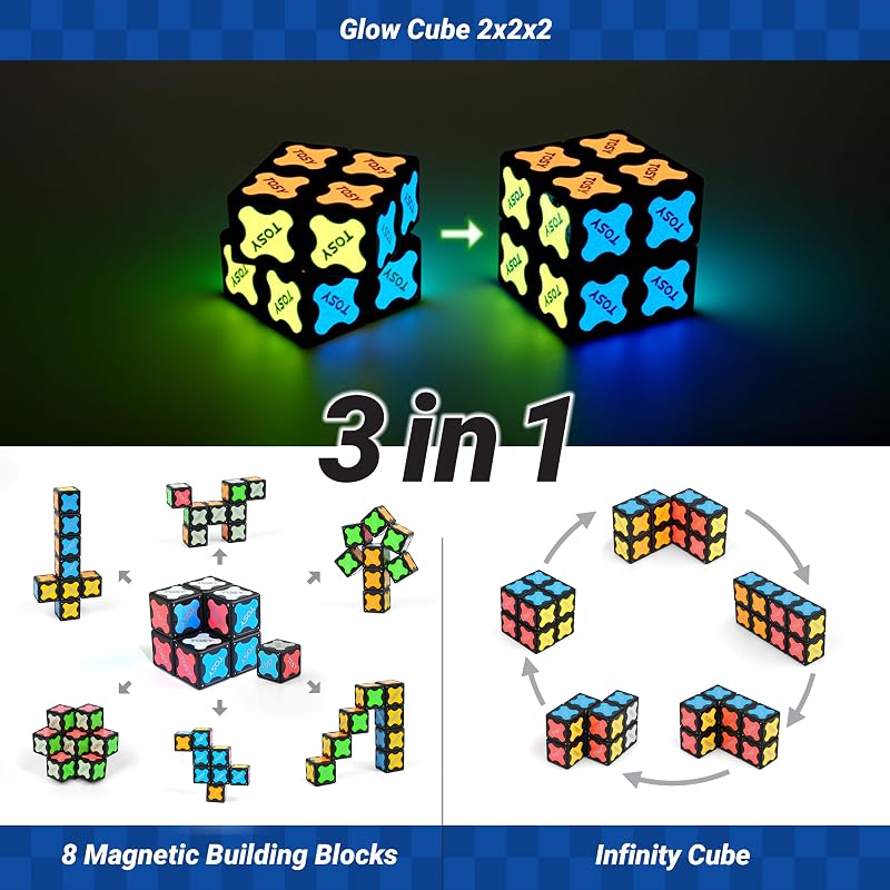Magnet Cube 2x2 – 8 Bausteine, 2-in-1: 2x2x2 Puzzlewürfel und anpassbarer Infinity-Würfel, Leuchtend, UV-Taschenlampe, Fidget-/Sensorik-/STEM/STEAM-Spielzeug