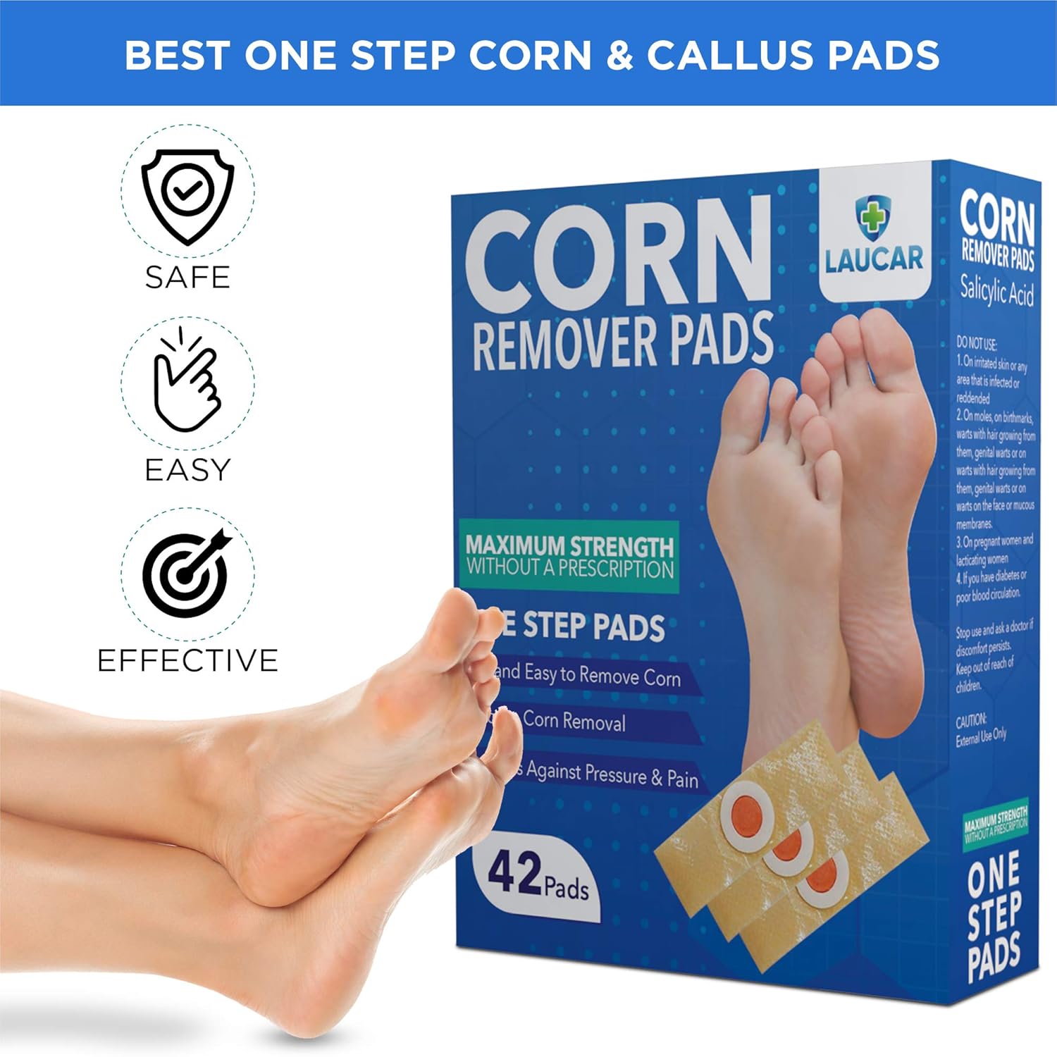 LAUCAR Corn Remover Pads - 42 Adhesive Patches for Hand, Finger, Feet, Toe Corn, Wart, and Callus Removal - Cushions to Relieve Pressure and Pain- Maximum Strength Formula - Healing and Protection : Beauty