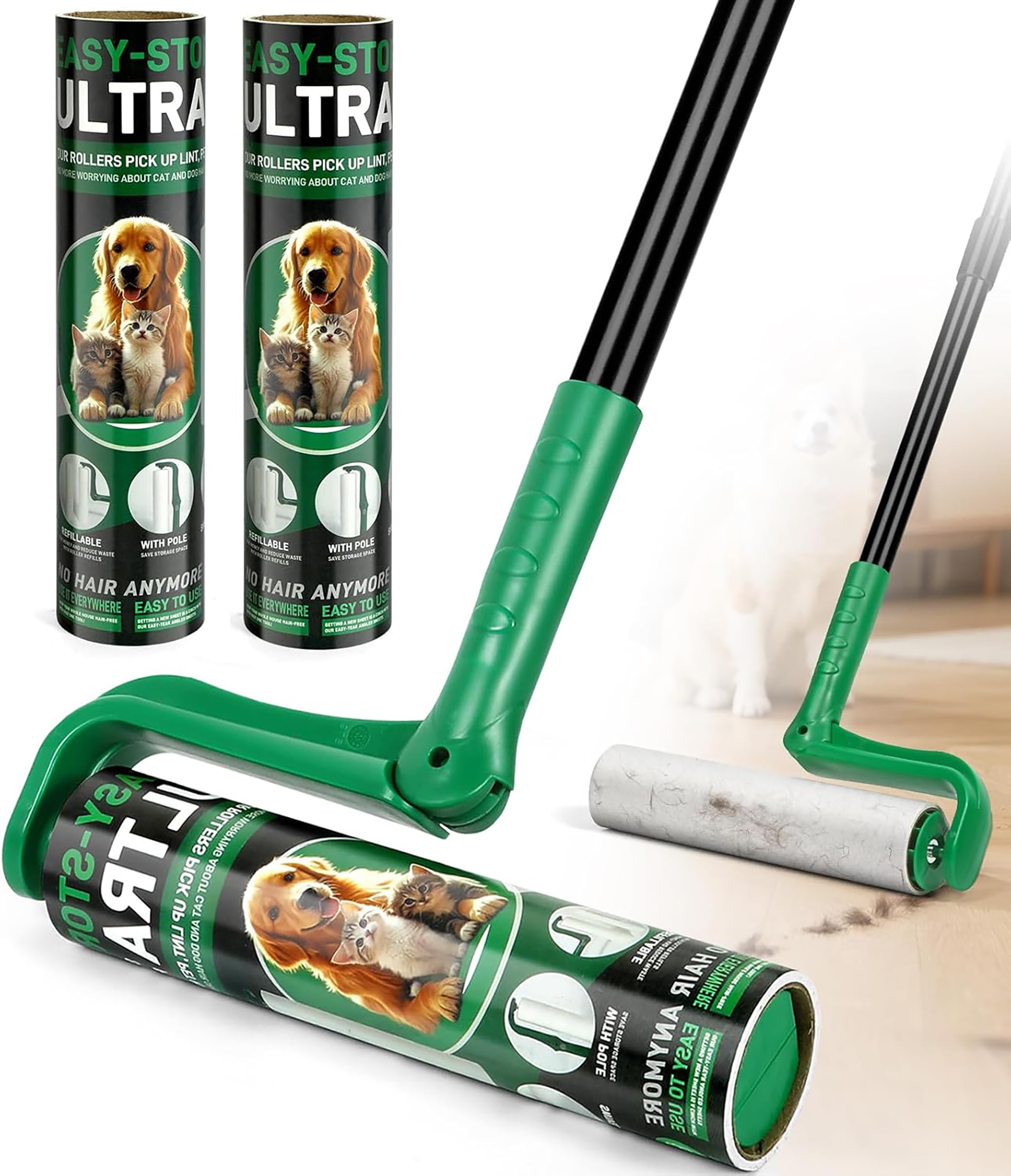 Photo 1 of 10" Large Lint Roller for Pet Hair Extra Sticky, Long Handle Floor Sticky Rollers with Big Lint Roller Refills for Cleaning Carpets, Cars, Furniture,Clothing, and Pet Hair,Green
