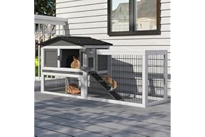 TIMHAKA 58" Rabbit Hutch, Two Floors Wooden Rabbit Cage Indoor, Waterproof Outdoor Bunny Cage with No Leakage Pull Out Tray and Stair, Openable Top Bunny Hutch, Chicken Coop for Rabbits, Guinea Pig