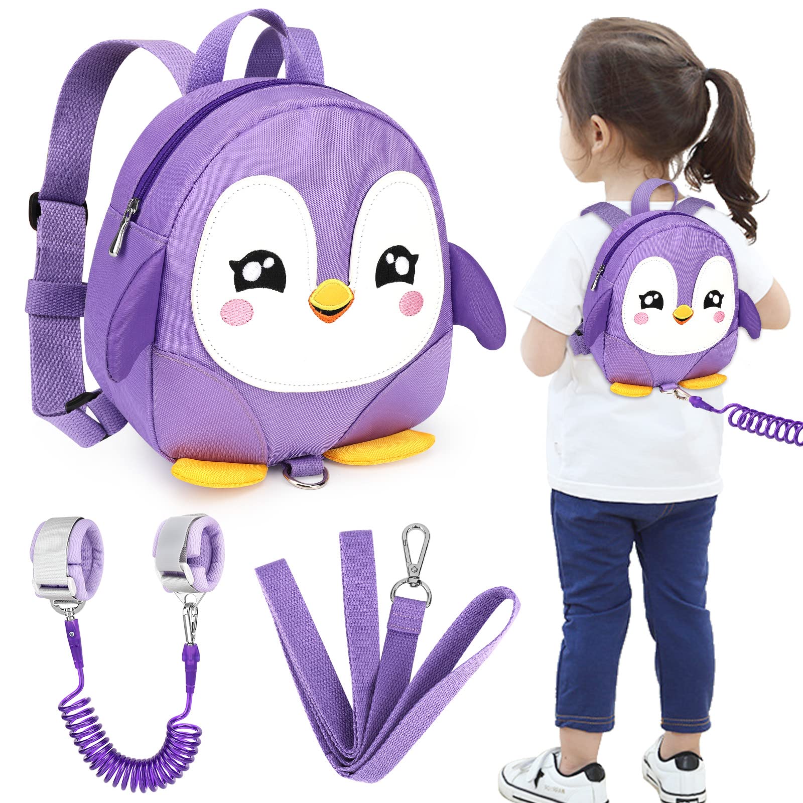 Photo 1 of Accmor Toddler Harness Backpack Leash, Cute Penguin Kid Backpacks with Anti Lost Wrist Link, Mini Child Backpack Harness Leashes Walking Wristband Rope Travel Bag Harness Rein for Baby Girls (Purple)