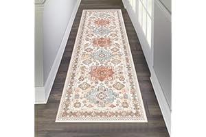 Pauwer Runner Rug 2x6 Non-Slip Washable Low-Pile Accent Rug, Vintage Distressed Throw Carpet, Hallway Kitchen Mat Non-Shedding, Living Room Entryway Foyer Bedroom Area Rug(Orange/Blue, 2'x6' Ft)