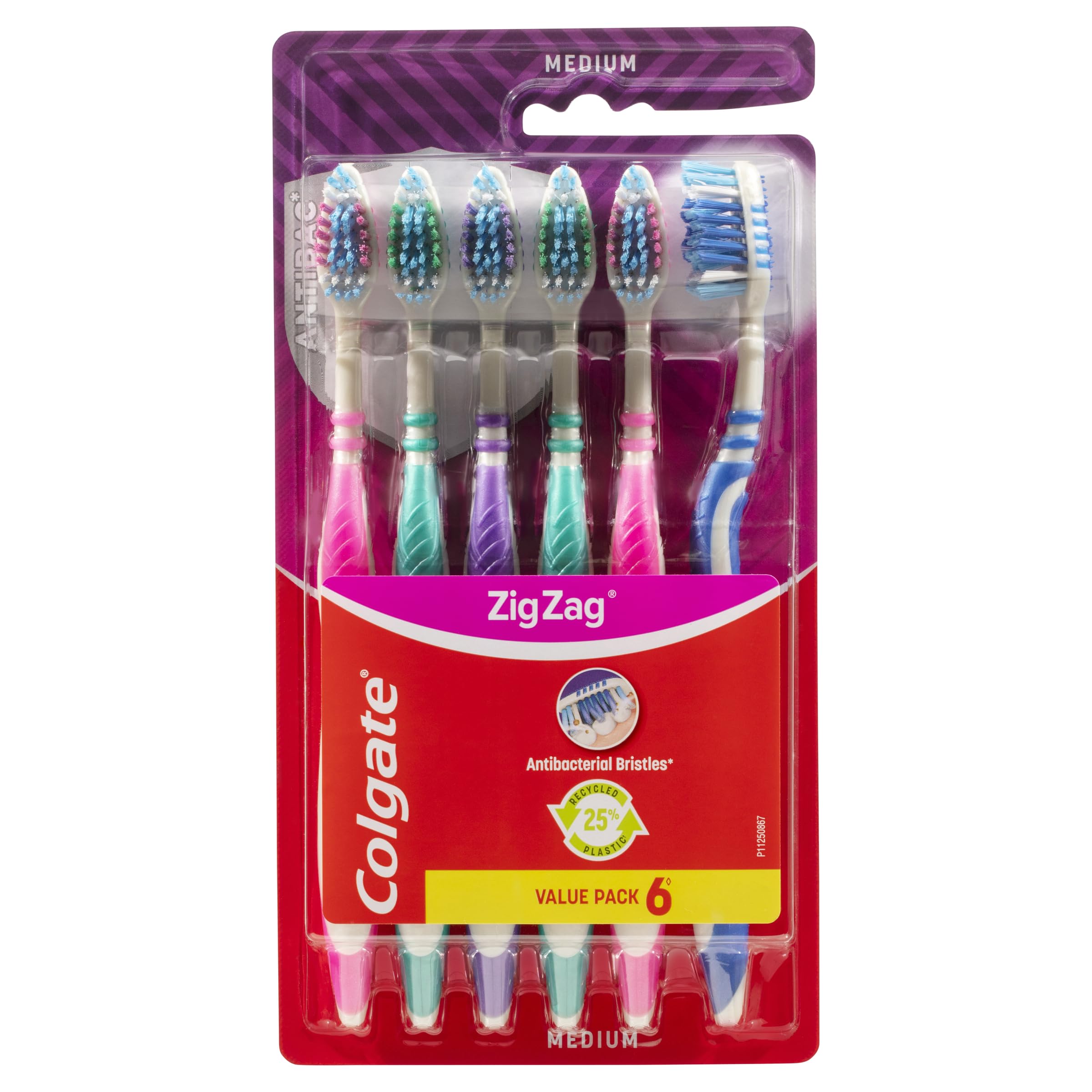 Colgate Zig Zag Manual Toothbrush with Cross Bristles to Reach Deep Between Teeth - Superior Bacterial Removal vs an Ordinary Toothbrush - Gentle On Gums - 6 Pack