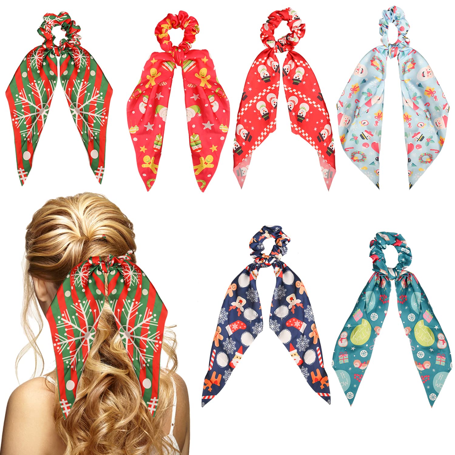 NAUZE 6 Pack Christmas Hair Scrunchies Scarf Bowknot Hair Scrunchy Christmas Pattern Scarf Hair Ties Ponytail Holder