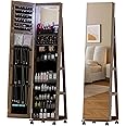 OUTDOOR DOIT 360° Rotating LED Jewelry Armoire with Lockable,Full Length Mirror Large Capacity Jewelry Organizer Armoire,Floor Standing Mirror with Back Storage Shelves for Bedroom,Brown