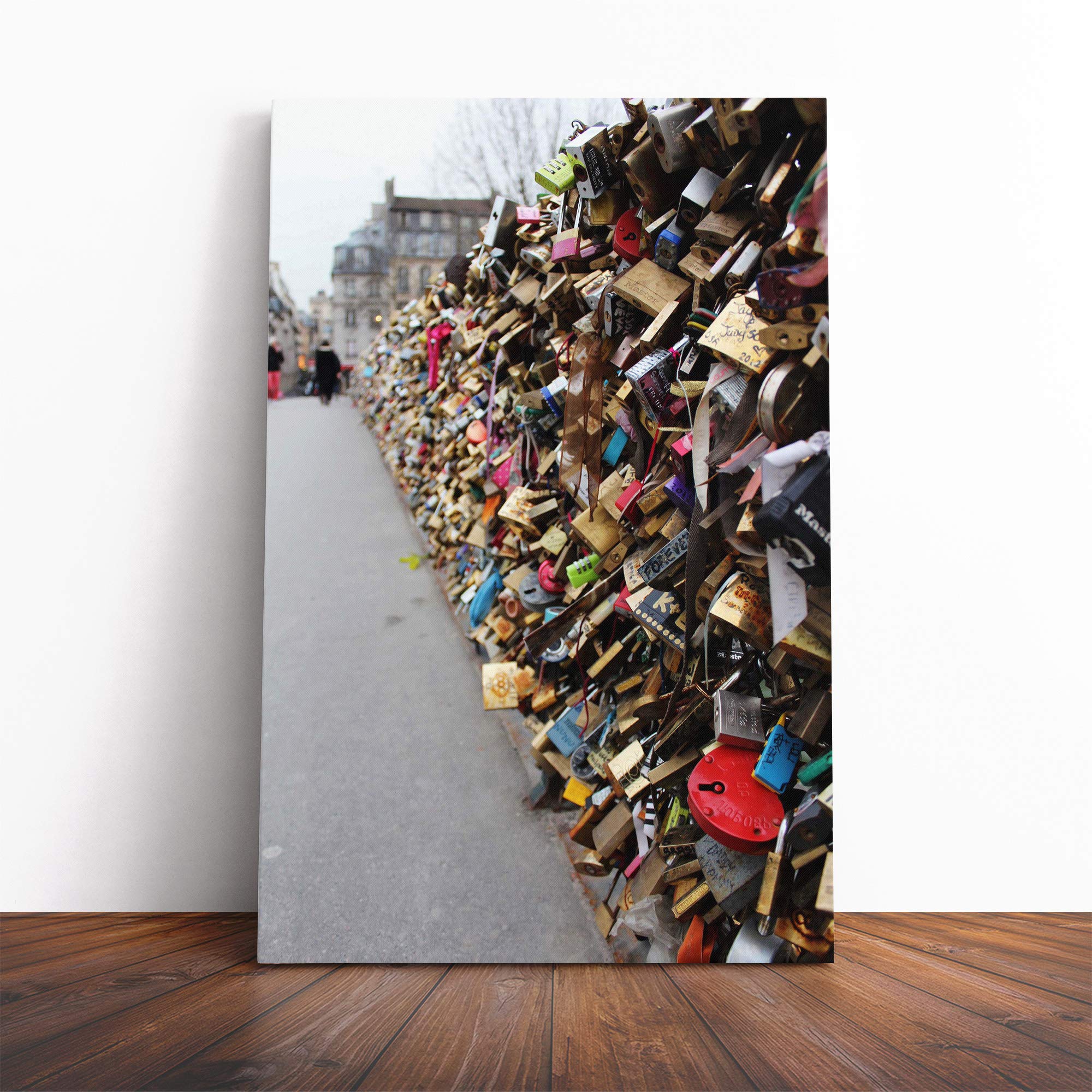 Wall Padlocks Lovers Pont des Arts Bridge Paris France (2) Canvas Print | Gallery Wrapped 30mm Frame Wall Art | 20x14 inches | Ready to Hang | Contemporary Cityscape Picture | Living Room Lounge