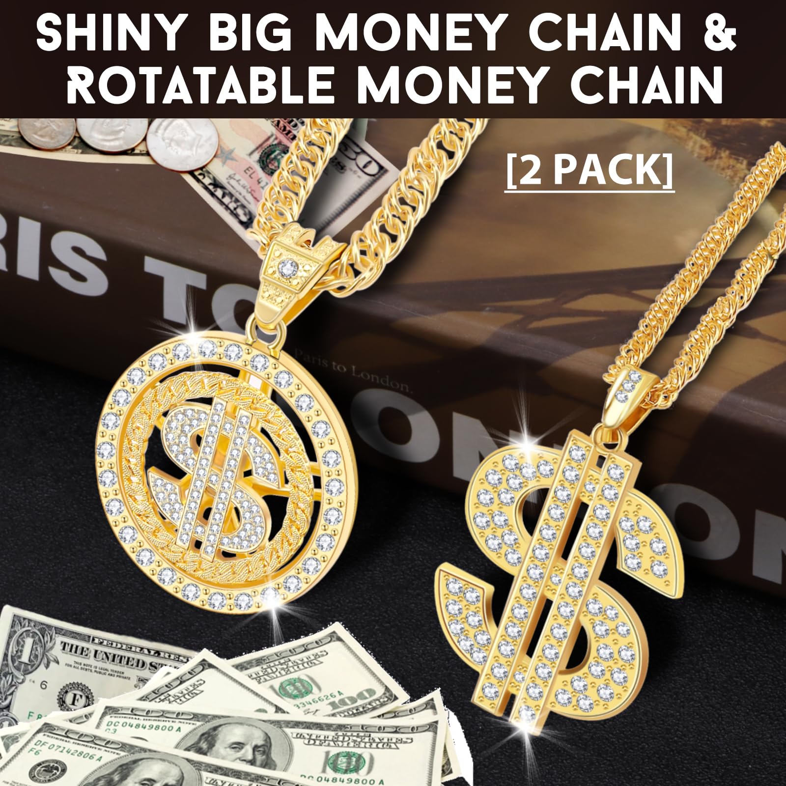 2PCS Money Chain Fake Gold Necklace: Big Money Dollar Sign Gold Chains Halloween Costume - Men Rapper Digger Hip Hop 70s 80s 90s Costume Accessories