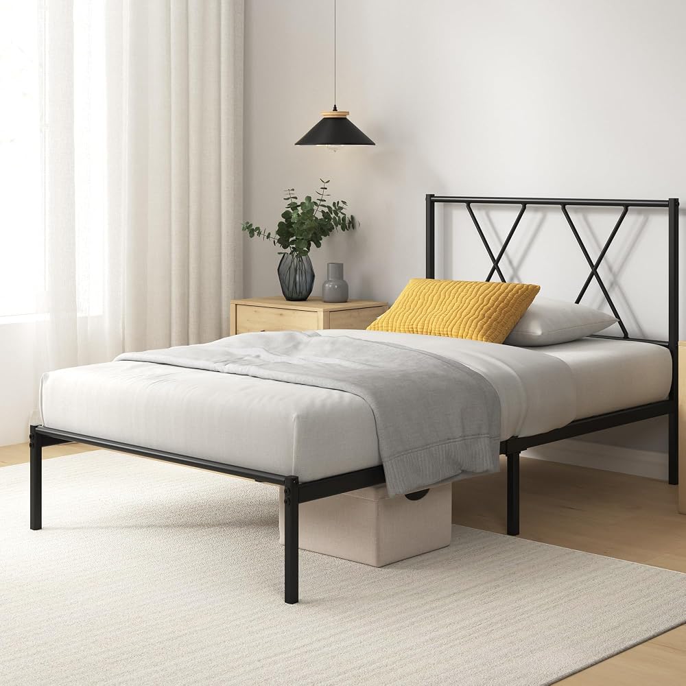 Zinus Elias Modern 3ft Metal Bed Frame with Headboard Black 90 x 190 cm