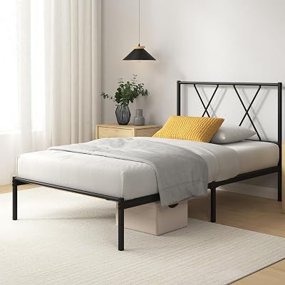 Zinus Elias Modern 3ft Metal Bed Frame with Headboard Black 90 x 190 cm