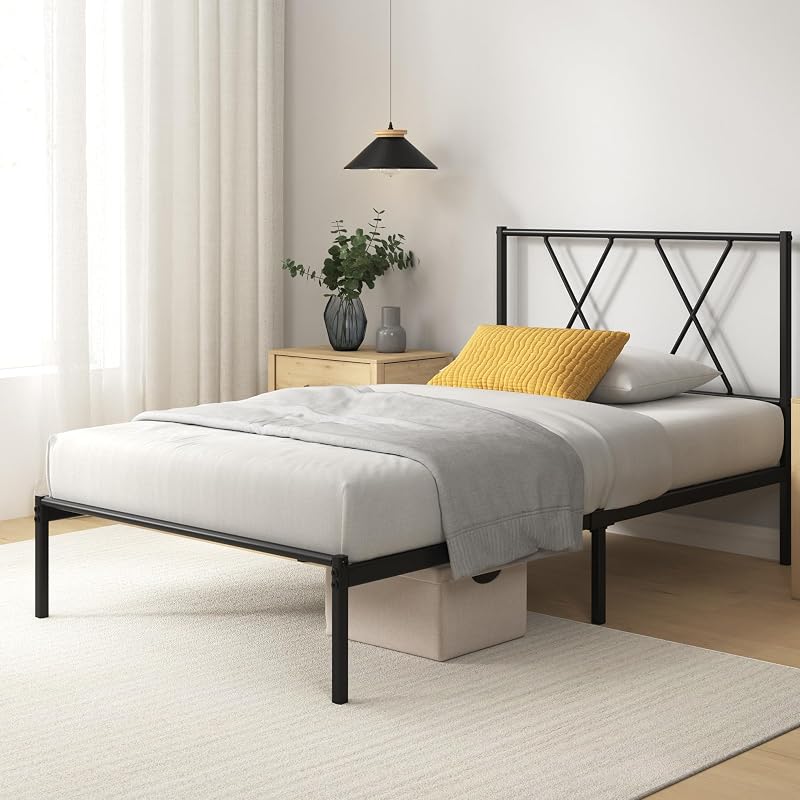 Zinus Elias Modern 3ft Metal Bed Frame with Headboard Black 90 x 190 cm